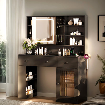 Table de coiffeuse lumineuse - miroir tactile 3 couleurs DEL, plateau en verre, 2 tiroirs
