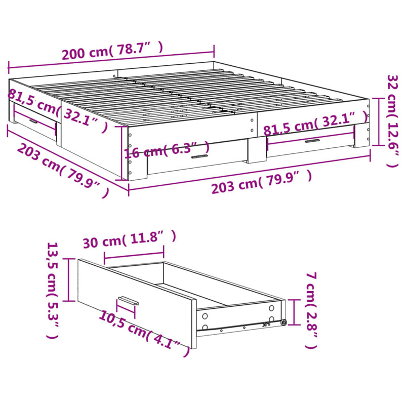 Vidaxl Bed Frame With Drawers Concrete Grey, 200 x 200cm