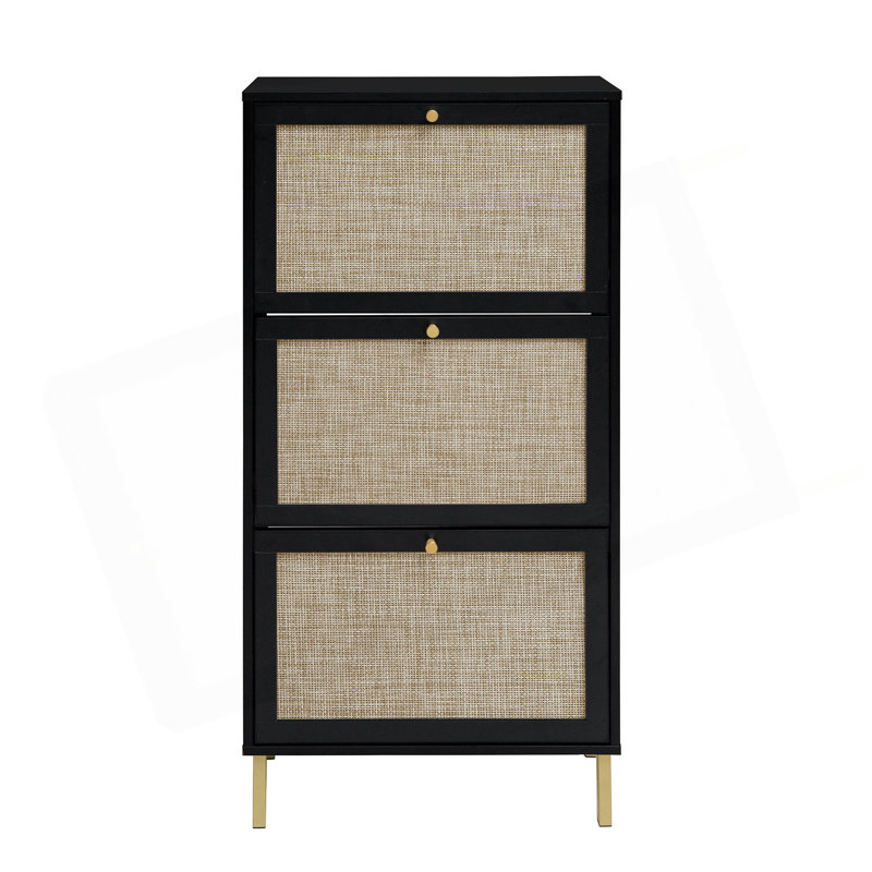 Rattan 3 Door Shoe Rack, Freestanding Modern Shoe Storage Cabinet, For Entryway, Black