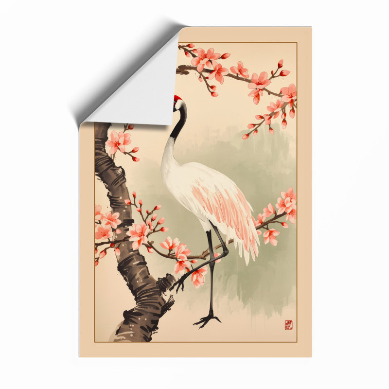 Cranes Beneath Blossom Japandi - Framed Print, A3 - 42.0 x 29.7 cm, Unframed