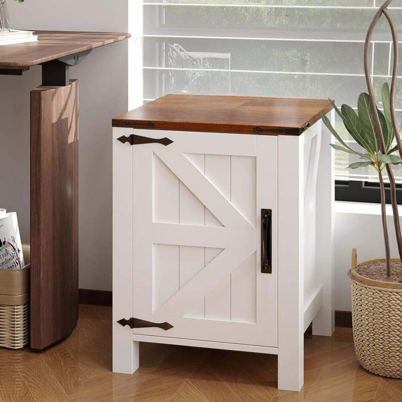 Table de chevet avec station de charge USB - Table de chevet rustique 18 "avec porte de grange coulissante, tablette réglable, rangement à deux niveaux - Chambre ou salon