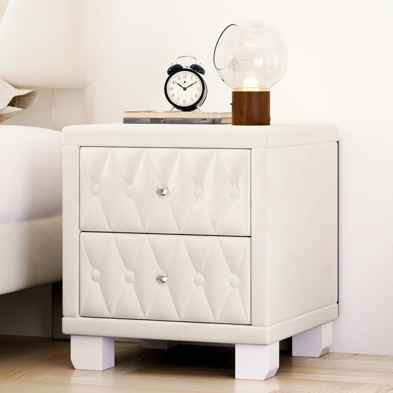 Table de chevet exquise en velours beige avec 2 tiroirs et poignées cloutées en cristal