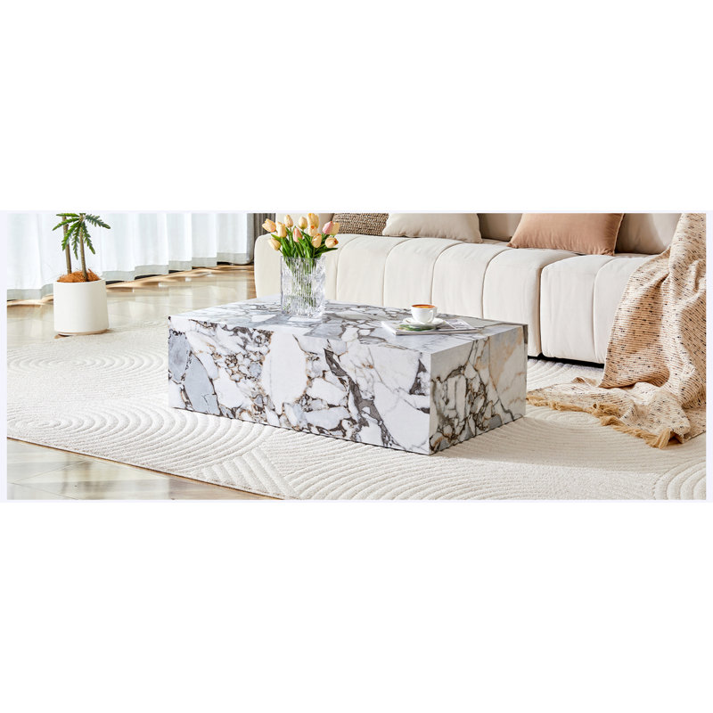 Table basse de 39,3 po en MDF à motif de marbre blanc | Design moderne luxueux pour le salon