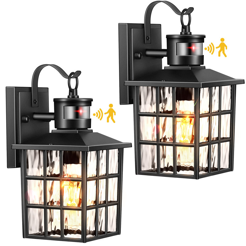 2 Pack Black Outdoor Wall Lights for House, Motion Sensor Porch Lanterns Wall Sconce with Tempered Ripple Glass, Matte Black