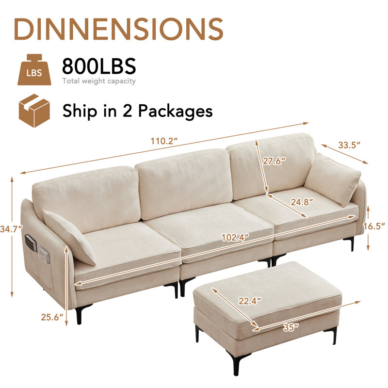 Canapé modulaire rembourré en L 110,2 po 4 pièces en chenille avec pieds en métal 110,2 po, Beige