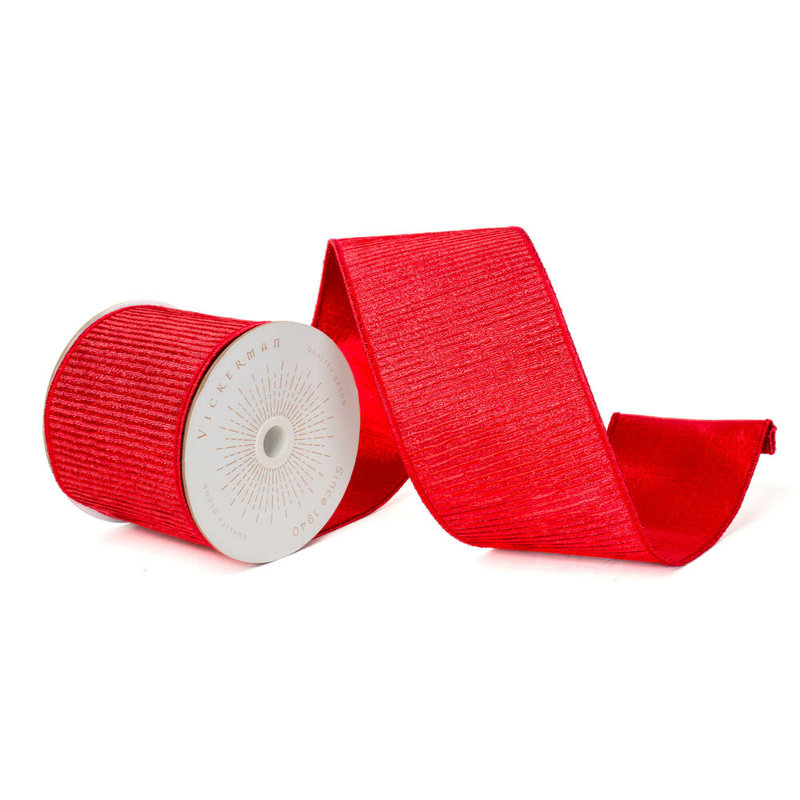 Vickerman 4"X10 Yds Metallic Pleated Strip with Red Backing Ribbon., Red