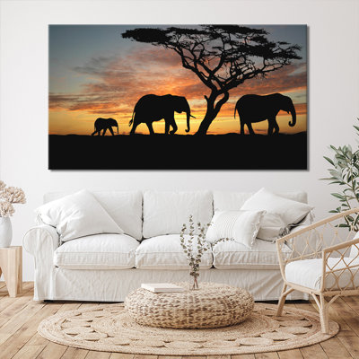 Elephants In Sunset - Wrapped Canvas Print