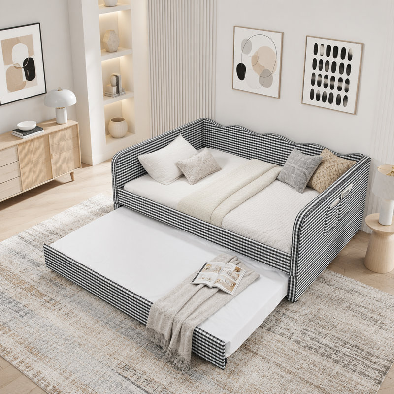 Lit de jour en vichy convertible 3 en 1 avec couchette et poches de rangement, Black
