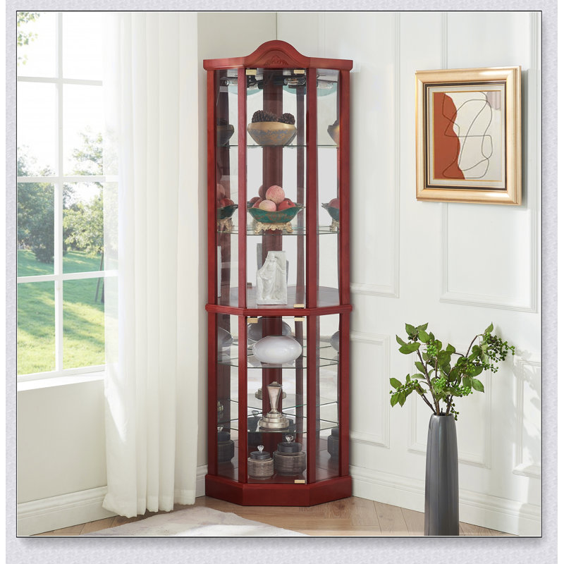 Vitrine d'angle éclairée en verre avec poignées en métal pour un rangement élégant des objets de collection et une décoration intérieure raffinée