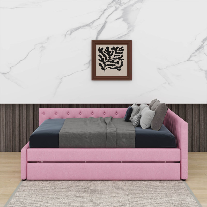 Lit plateforme tapissier double capitonné avec lit gigogne, Rose