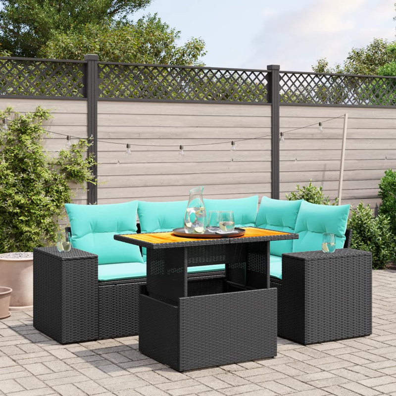  Ensemble de canapé de patio 5 pièces avec coussins en rotin de polyester, Noir, Vert