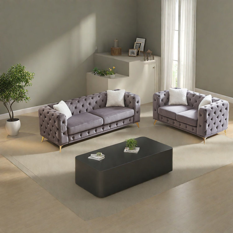 Compression Sofas Set, Grey Velvet Wood Frame Modern Home Lounge