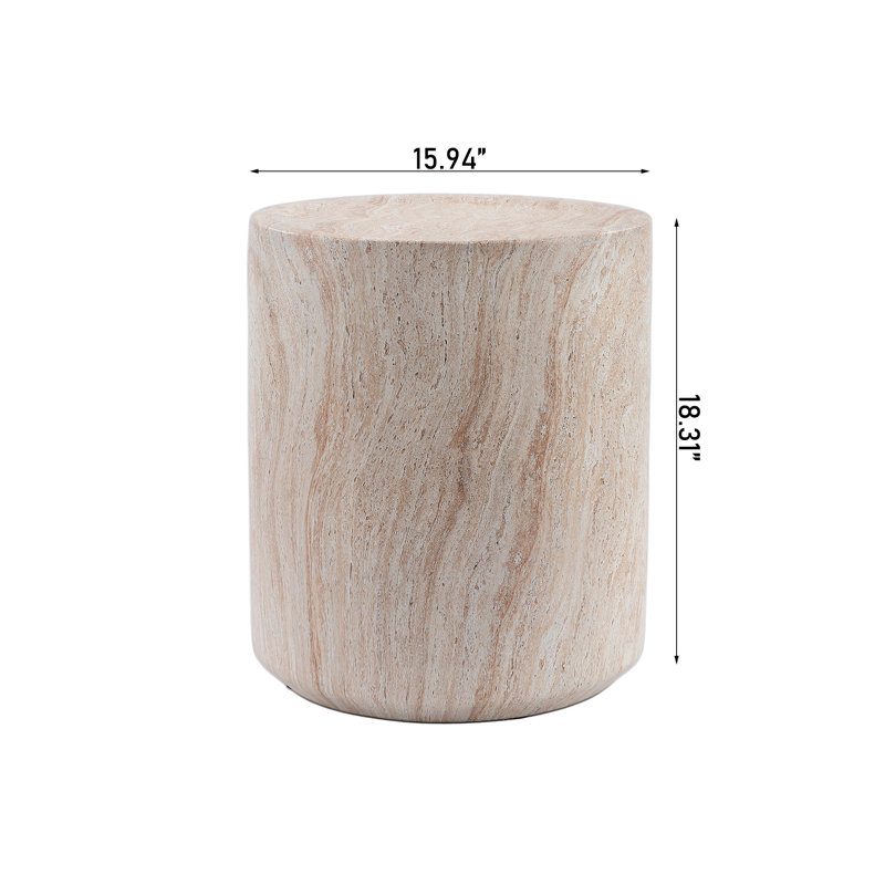 Table d'appoint ronde en oxyde de magnésium imitation travertin, de forme cylindrique et cannelée, entièrement assemblée, pour salon intérieur et terrasse extérieure couverte. Décoration intérieure et extérieure.