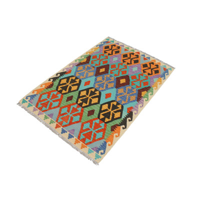 Tapis géométrique bleu / mauve / rouge en laine noué à la main à motif géométrique 3 pi 3 po x 5 pi Cedorah