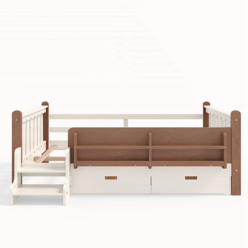 Lit double sur pied avec tiroirs de rangement, Beige