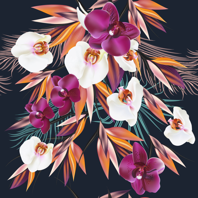 Palm Leaves And Orchids by Mashakotcur - Wrapped Canvas Print, 30cm H x 30cm W