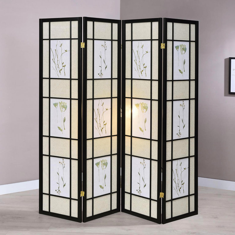 Paravent en pin avec motif floral délicat - cadre tactile décoratif noir, enrichissement de pièce