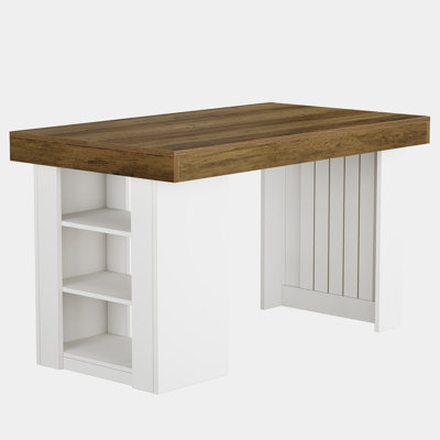 55-Inch Farmhouse Stationary Kitchen Island Table with Large Countertop, Counter Height Home Bar Table for Kitchen, Dining Room, Rustic Brown & White