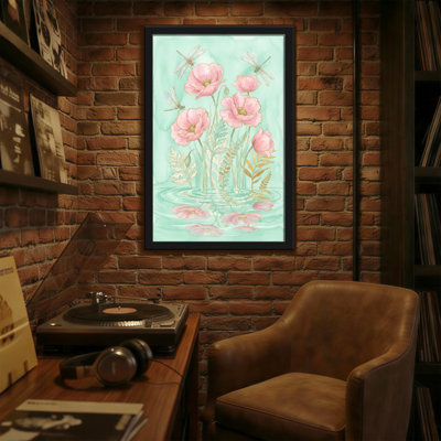 Plantes et fleurs, coquelicots roses, libellules, reflets de l'eau