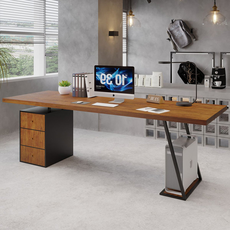 Bureaux rectangulaires en bois massif brun clair + bureaux en fer, H 29,53 po x l 86,61 po x P 35,43 po, Retour à gauche