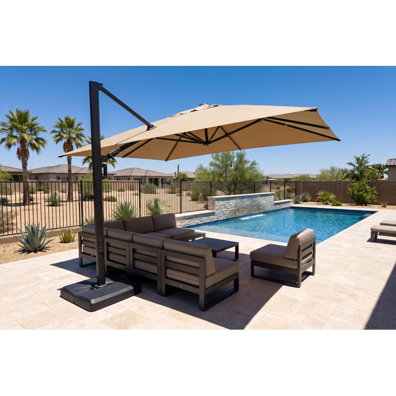 Grand parasol rectangulaire extérieur en porte-à-faux décalé en aluminium 120 po x 156 po avec base et rotation à 360 degrés