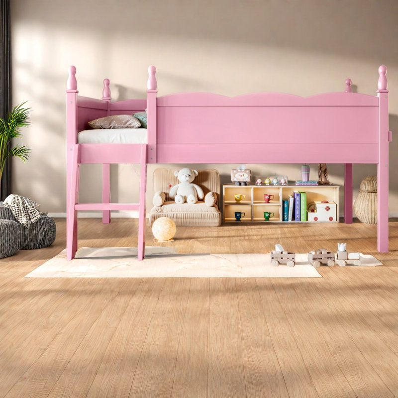 Lit mezzanine simple peu encombrant, rangement moderne en bois aggloméré rose pour chambre d'enfant