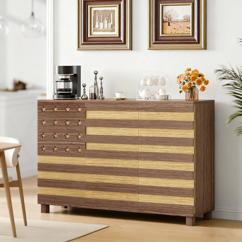 55" Hand-Carved Buffet Cabinet With 2 Drawers & 3 Doors, Freestanding Storage Sideboard With Adjustable Shelves For Dining Room, Kitchen, Or Coffee Bar