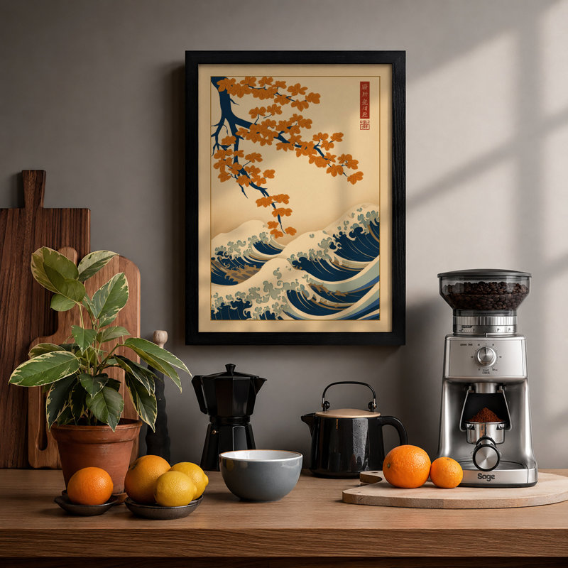 Blossoms and Waves Japandi - Framed Print, A2 - 59.4 x 42.0 cm, Black