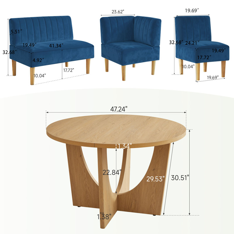 Ensemble de salle à manger 6 pièces avec table et 5 chaises en velours, Yellow, Bleu