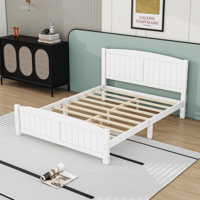 Lit plateforme en bois avec tête de lit et pieds de soutien, Blanc, Double
