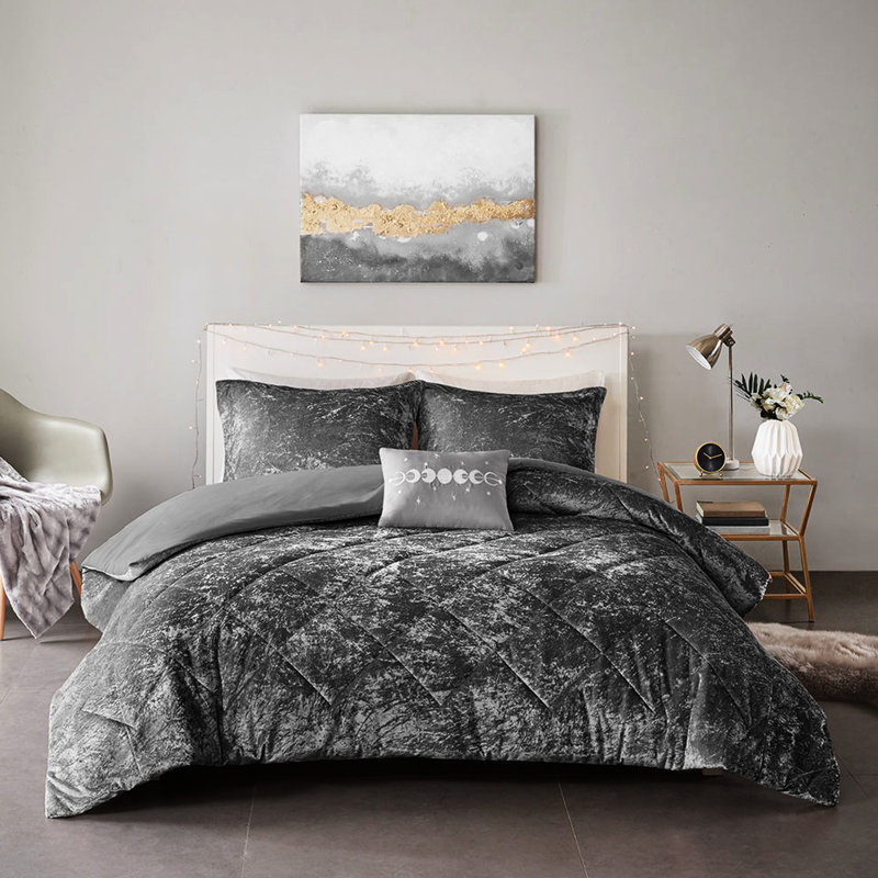 Très grand / très grand lit en velours gris - Design, avec coussin, housse de couette délavée pour lit doux, 1 coussin