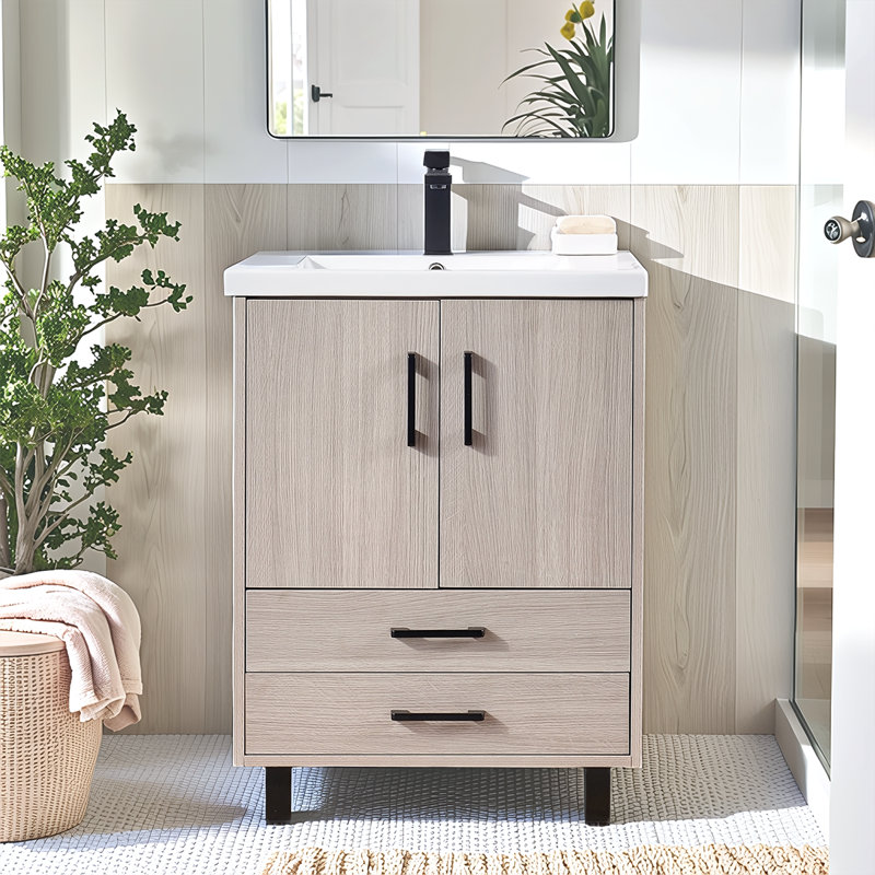 24" Free-standing Modern Oak Single Bathroom Vanity With Ceramic Top