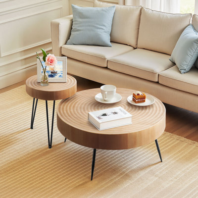 2 Pieces Round Coffee Tables Sets, 31.3 in Industrial Living Room Table with 1 End Side Table, Easy Assembly Coffee and End Tables Sets with Metal Leg by 17 Stories