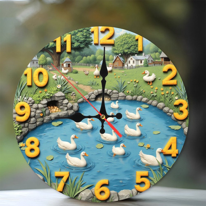 ferme, canards, étang, horloge, numéros, scène