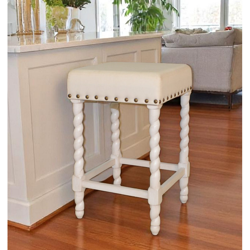 Gouldsboro Upholstered Counter Stool with Solid Wood Frame, Counter Stool (24" Seat Height), Cream/White