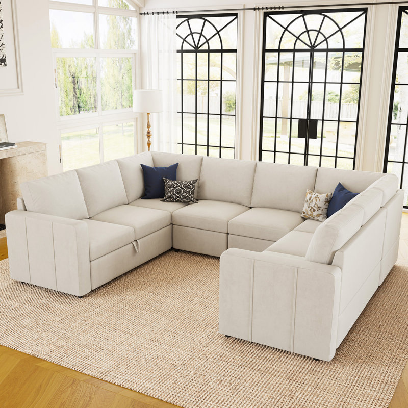 Divan-lit modulaire convertible en U Seybert, Velours beige