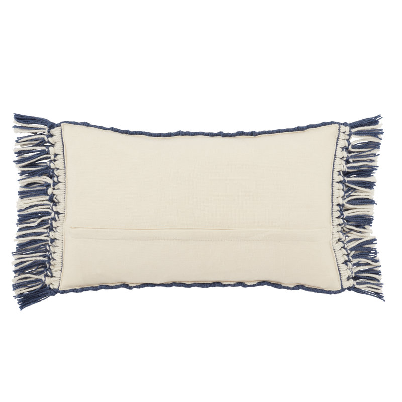 Dark Blue and Ivory Rectangular Polyester Tassel Throw Pillow