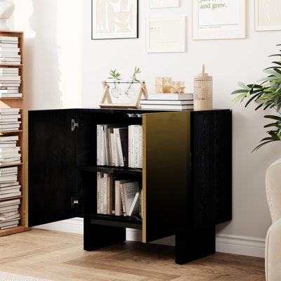 Modern Matte Black 2-door Accent Cabinet With Gold Wire Mesh, Push-open Feature, Adjustable Shelves For Ample Storage, Ideal As Sideboard, Buffet, Coffee Bar Or Tv Base, Water/wear- Panels, Door