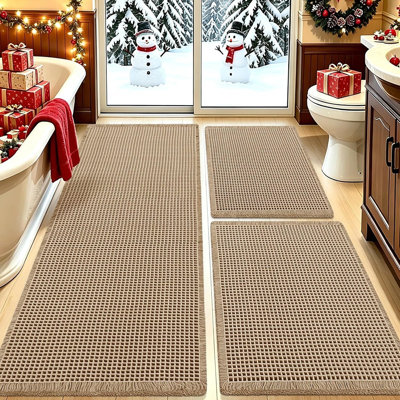 Waffle Bath Mat with Tassels, Absorbent Non-Slip Soft Woven Bathroom Rug, Beige Boho Floor Mat for Bathroom, Bedroom, and Kitchen