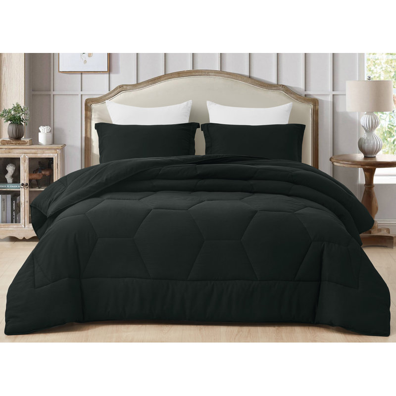 Washed Microfiber Bedding Honeycomb Comforter Set, Black, Oversized King Comforter + 2 King Shams