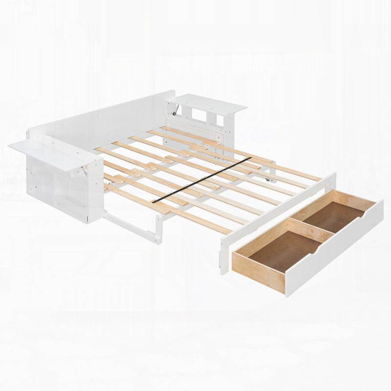 Lit de jour moderne avec bureau amovible, tiroirs de rangement et table d'appoint hydraulique, Blanc, Double
