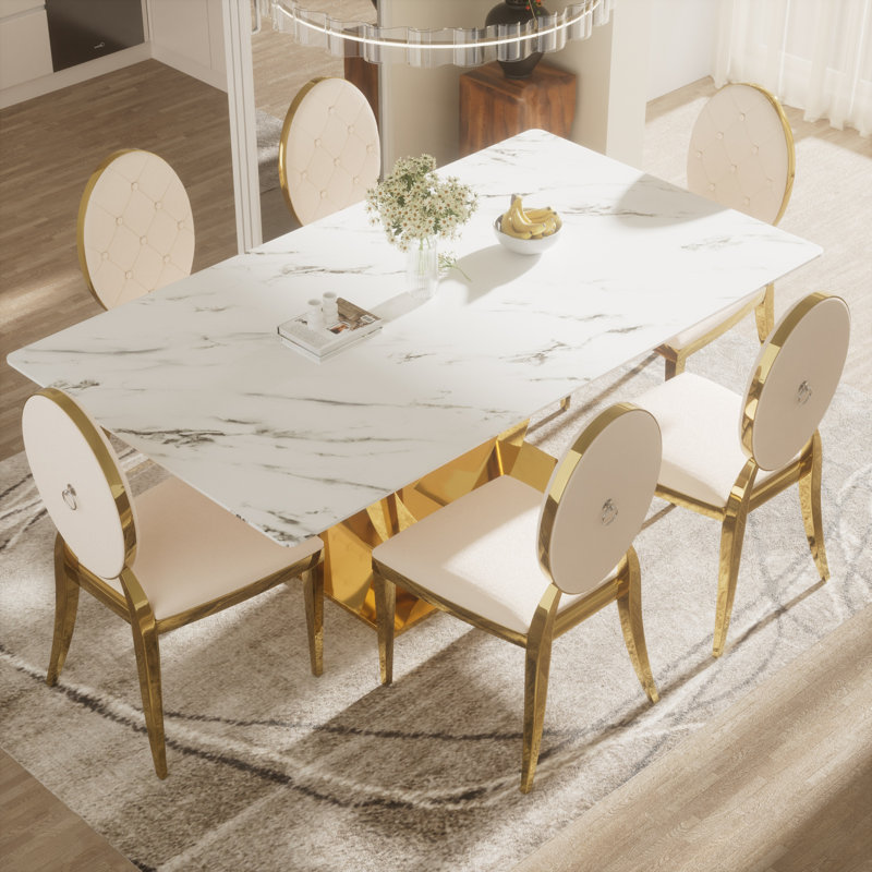 Ensemble de table de salle à manger rectangulaire en verre trempé avec fauteuil Luxtry, Beige, H 30 po x L 71 po x l 35,4 po