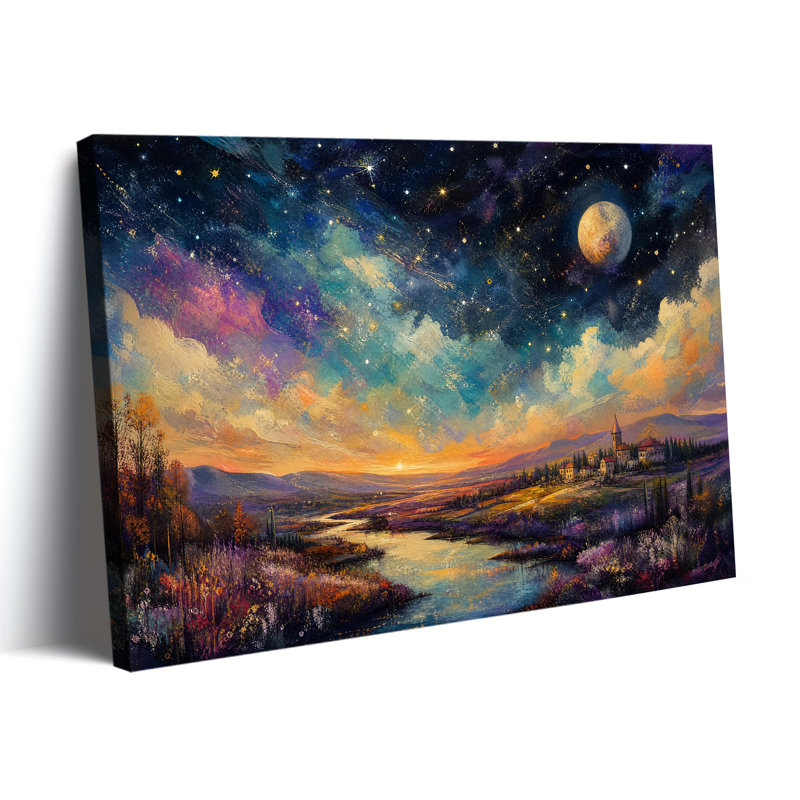 Tableau sur toile imprimée « Nuit étoilée » représentant un village toscan bordé par une rivière, avec encadrement de galerie.