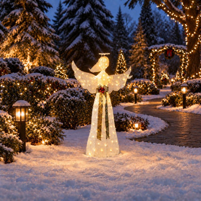 Ange lumineux en tissu blanc de 155 cm avec auréole, ailes et foulard doré, lumières DEL blanc chaud