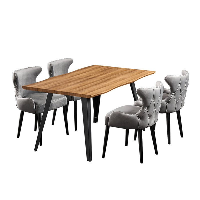 Ricky 4 Person Dining set - a Rectangular Wooden Dining Table with Metal Legs and a Set of 4 Quilted Velvet Dining Chairs for Dining Room - Modern Dining Table Set