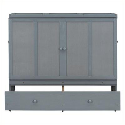 Small Space Guest Bedroom Full Size Murphy Bed, Solid Wood Construction Soft Gray With Built-In USB Port And Under-Bed Storage Drawer