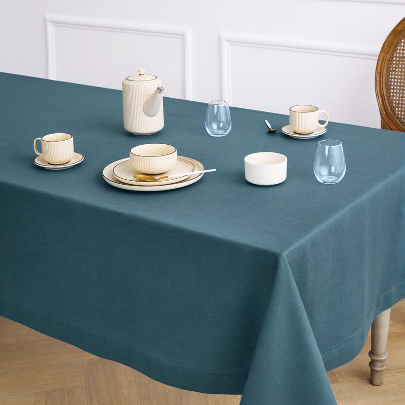 100% Pure Linen Tablecloth - Fete, 132" L x 60" W, Peacock Blue