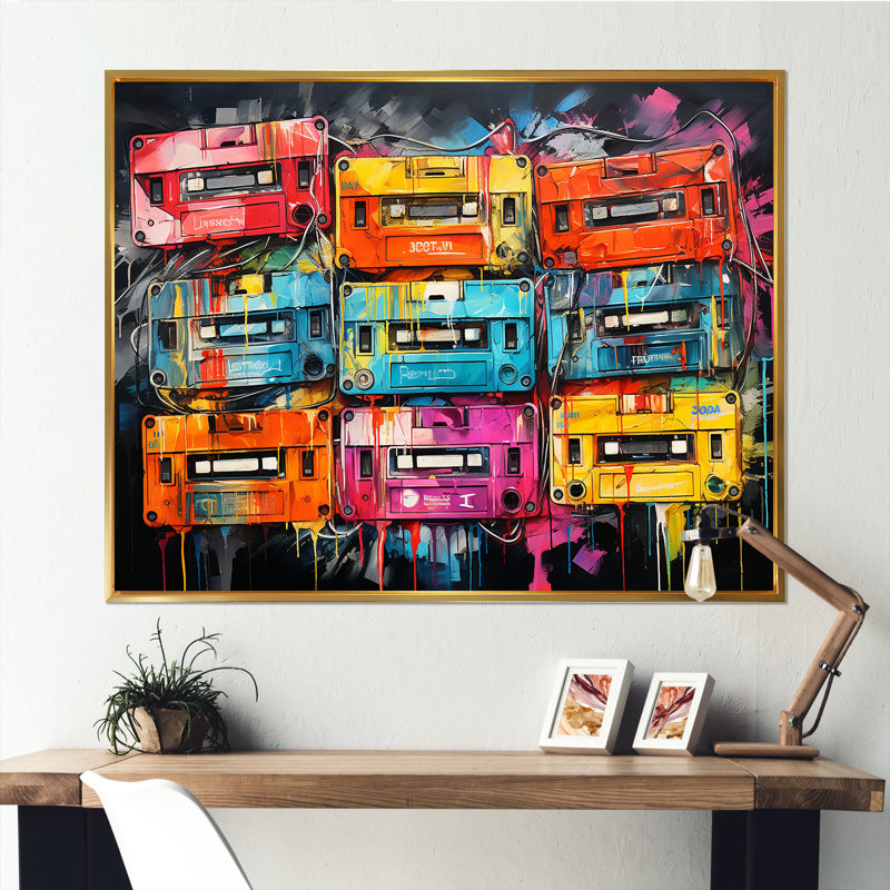 Neon Groove Cassette Tapes II - Cassette Tapes Wall Art, Cadre doré à coins fermés, H 30 po x l 40 po x P 1,5 po