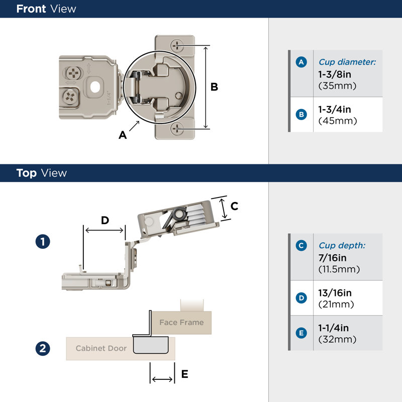 Nickel Finish 1-1/4 Inch Overlay Self-Closing Concealed Cabinet Hinge