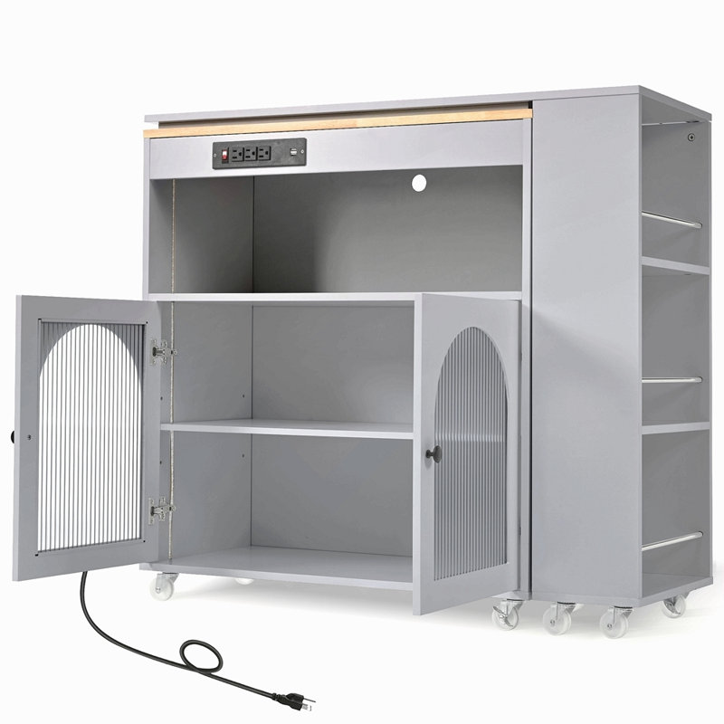 Rolling Kitchen Island With Extended Table, Kitchen Island On Wheels With LED Lights,Power Outlets And 2 Fluted Glass Doors, Kitchen Island With A Storage Compartment And Side 3 Open Shelves